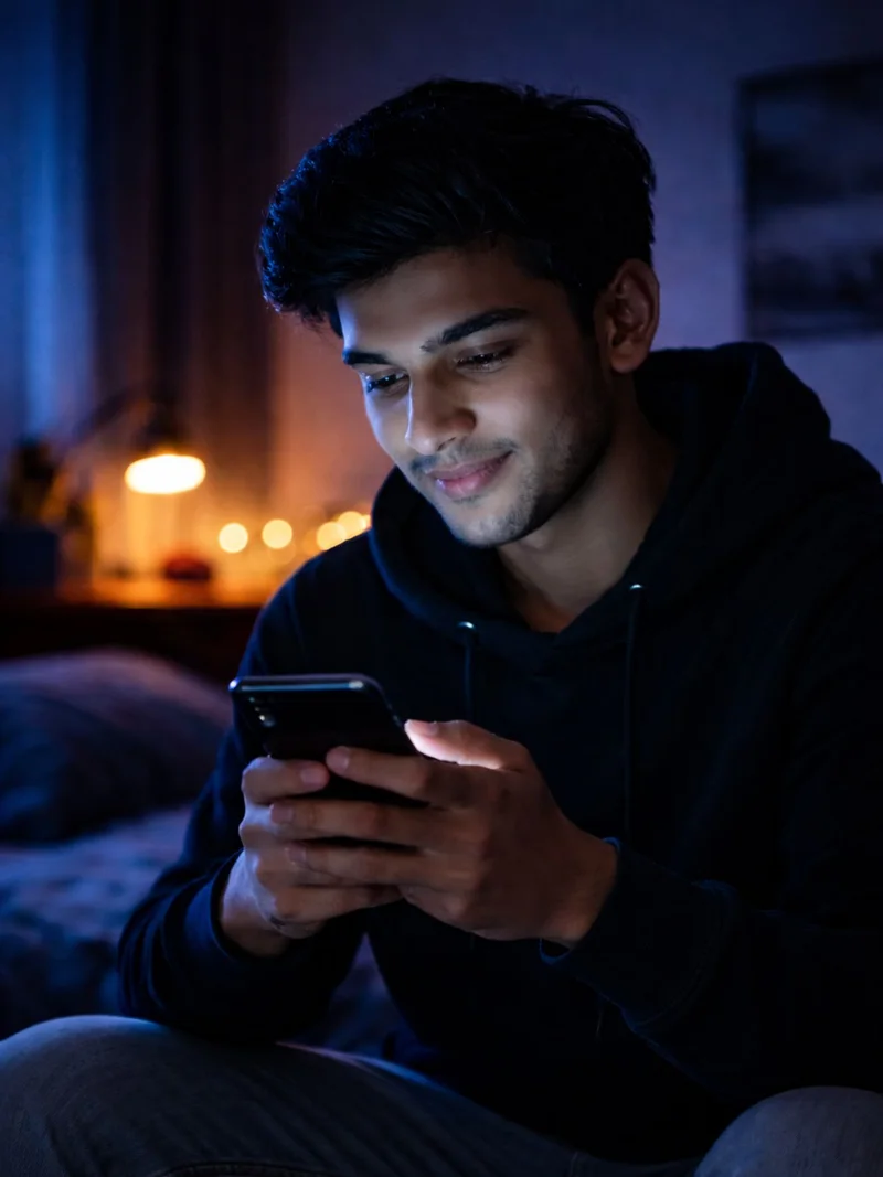A young man looking at his phone in the evening